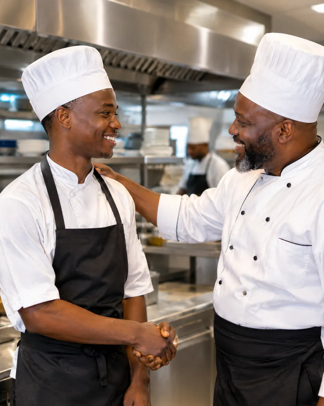 A young chef and an older bearded chef in white hats smile and shake hands in a stainless steel kitchen.